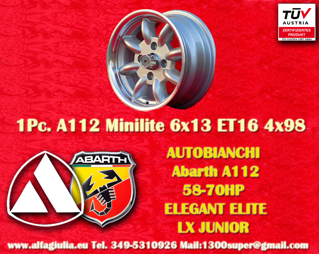 Autobianchi Minilite A112 58/70HP ELEGANT ELITE LX JUNIOR  6x13 ET13 4x98 c/b 58.6 mm Wheel