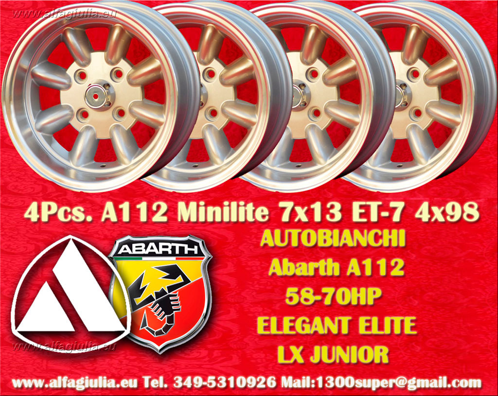 Autobianchi Minilite A112 58/70HP ELEGANT ELITE LX JUNIOR  7x13 ET-7 4x98 c/b 58.6 mm Wheel