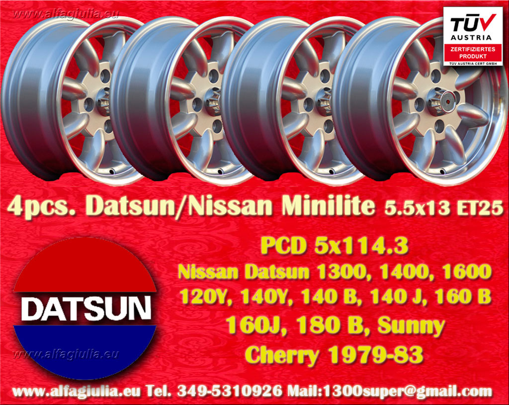 Datsun Minilite Datsun 1300 1400 1600 120Y 140Y 140 B 140 J 160 B 160 J 180 B Sunny Cherry 1979-83  5.5x13 ET25 4x114.3 c/b 76.6 mm Wheel