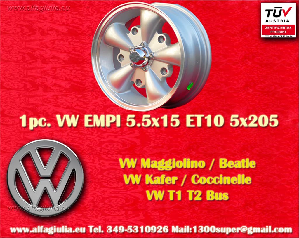 Volkswagen EMPI VW Beetle Maggiolino Kafer Bus T1 e T2a Karmann Ghia Typ 3  5.5x15 ET10 5x205 c/b 156.1 mm Wheel