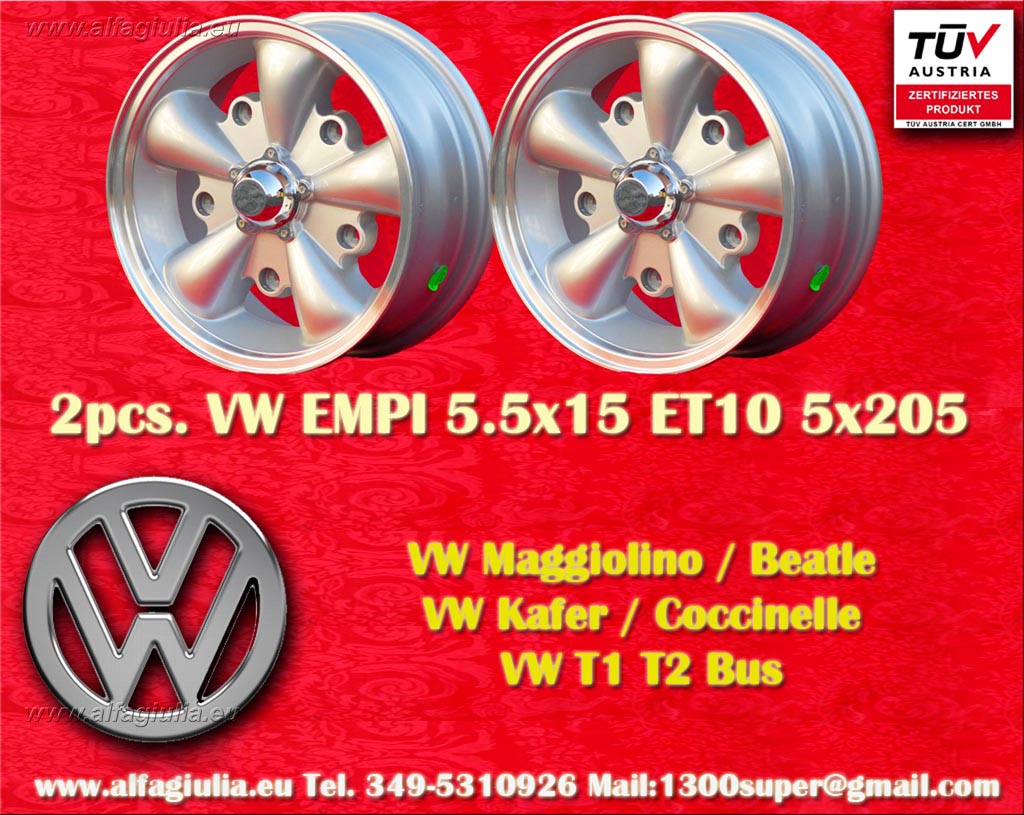 Volkswagen EMPI VW Beetle Maggiolino Kafer Bus T1 e T2a Karmann Ghia Typ 3  5.5x15 ET10 5x205 c/b 156.1 mm Wheel