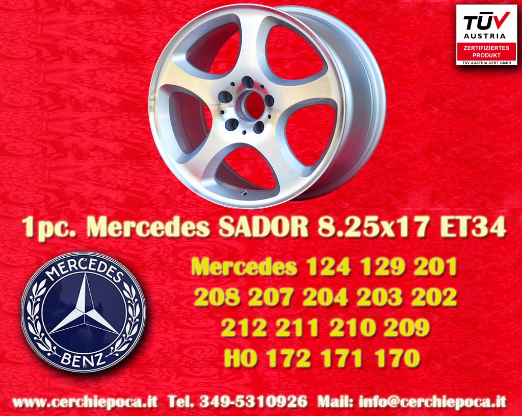 Mercedes Sador Mercedes 203 (C-Klasse), 204 (C-Klasse, Limousine, Coupé), HO (C-Klasse), 203CL (C-Klasse, Sportcoupé), 203K, 204K (C-Klasse, T-Modell), 203CL (CLC-Klasse), 208, 209 (CLK-Klasse), 210 (E-Klasse), 204 (C-Klasse 4matic, Coupé, Cabrio), 204K (T-Modell 4matic), 212 (E-Klasse), 210K (E-Klasse T-Modell), 170 SLK, 171 SLK, 172 (SLK; SLC-Klasse), 124C (200E-E36 AMG), 124 (200D-E500), 201 (190), 202 (C-Klasse), 129 (280SL-SL600AMG), 211, 211 AMG, 211K, 211K AMG (E55 AMG, E63 AMG; Limousine, T-Modell), 207 (E-Klasse; Coupé, Cabrio), 209 (CLK), 140 (280SE - 600SEL)  8.25x17 ET34 5x112 c/b 66.6 mm Wheel
