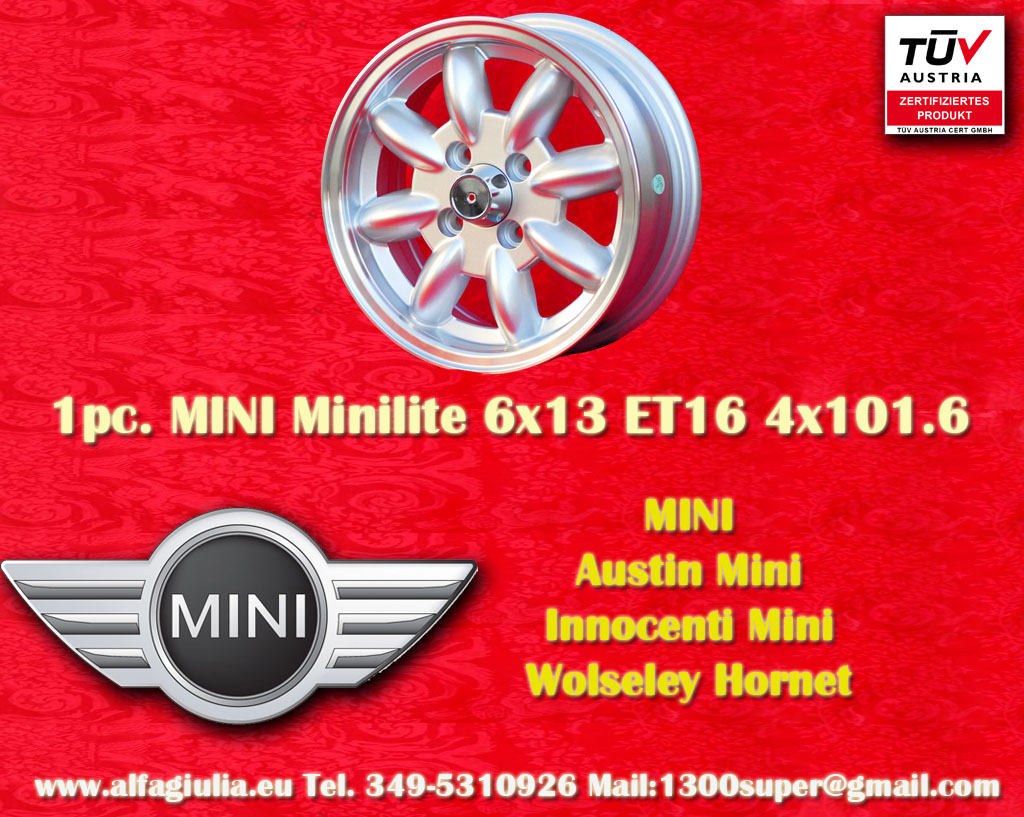 Mini Minilite Mini Mk1-3 850 1000 1275 GT Riley Elf Wolseley Hornet  6x13 ET16 4x101.6 c/b 65.1 mm Wheel