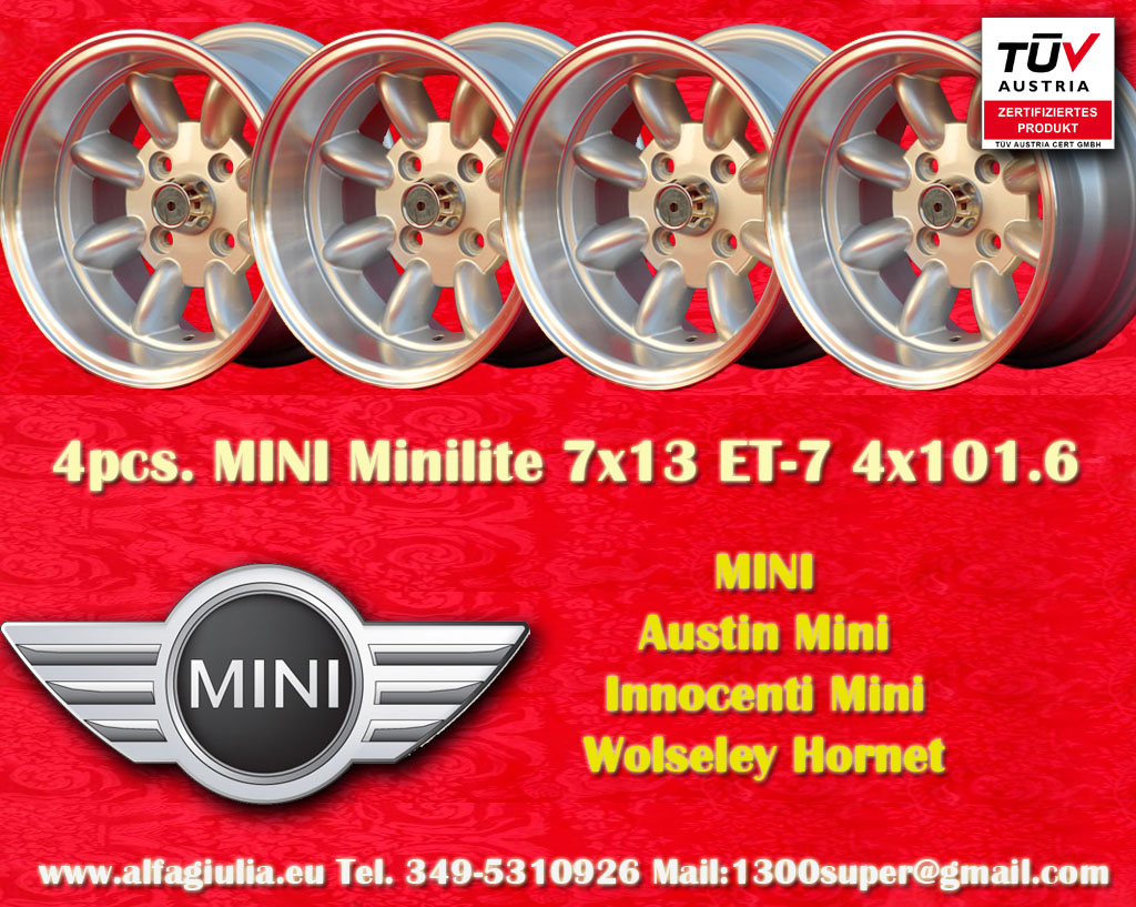 Mini Minilite Mini Mk1-3 850 1000 1275 GT Riley Elf Wolseley Hornet  7x13 ET1-7 4x101.6 c/b 65.1 mm Wheel