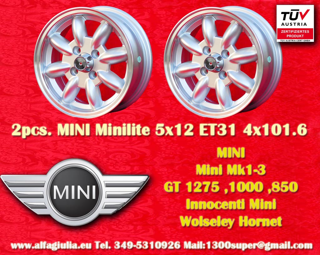 Mini Minilite Mini Mk1-3 850 1000 1275 GT Riley Elf Wolseley Hornet  5x12 ET31 4x101.6 c/b 65.1 mm Wheel