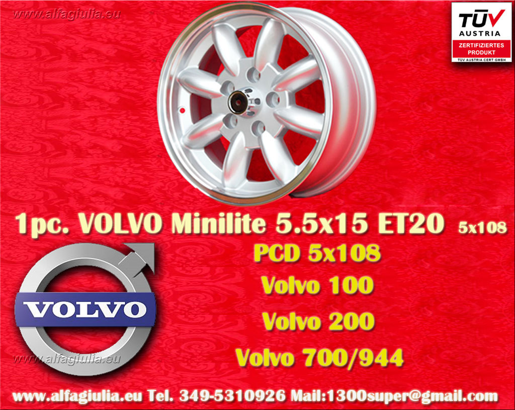Volvo Minilite Volvo 142 144 145 242 244 245 262 264  265 740 760 940 960 P1800 (1970+)  5.5x15 ET20 5x108 c/b 67.2 mm Wheel