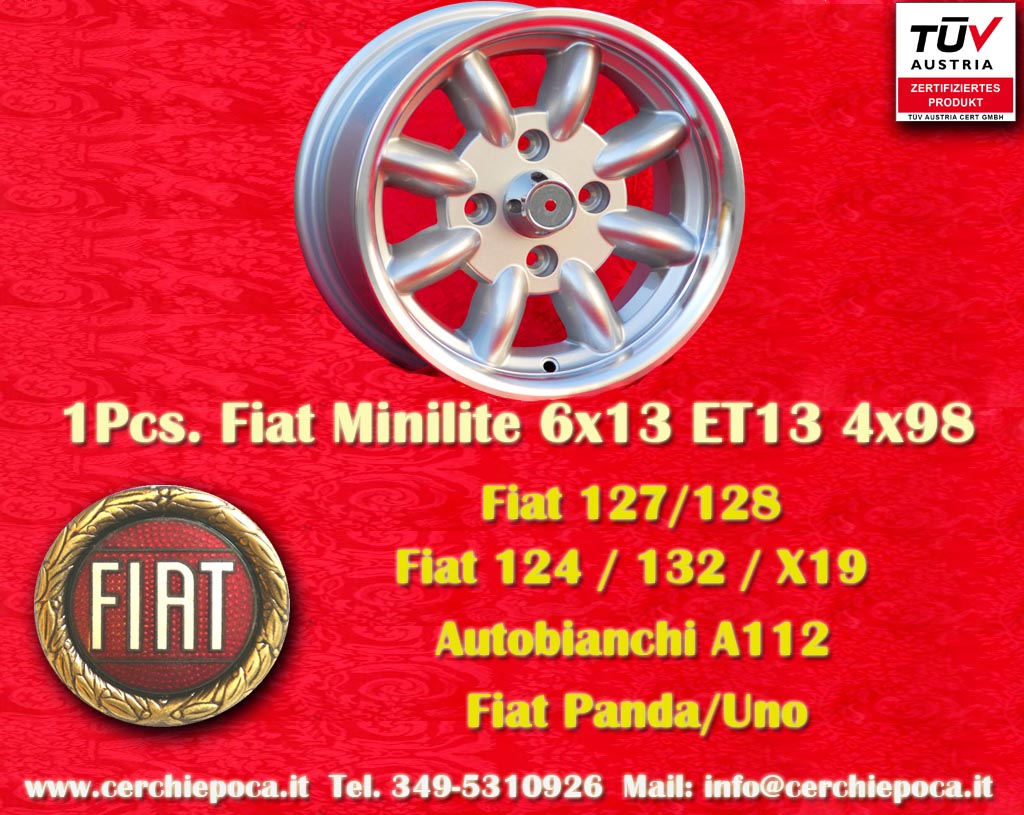 Fiat Minilite Fiat Seicento Cinquecento Panda 124, 125, 127 128 131 132 X1/9 Spider  6x13 ET13 4x98 c/b 58.6 mm Wheel
