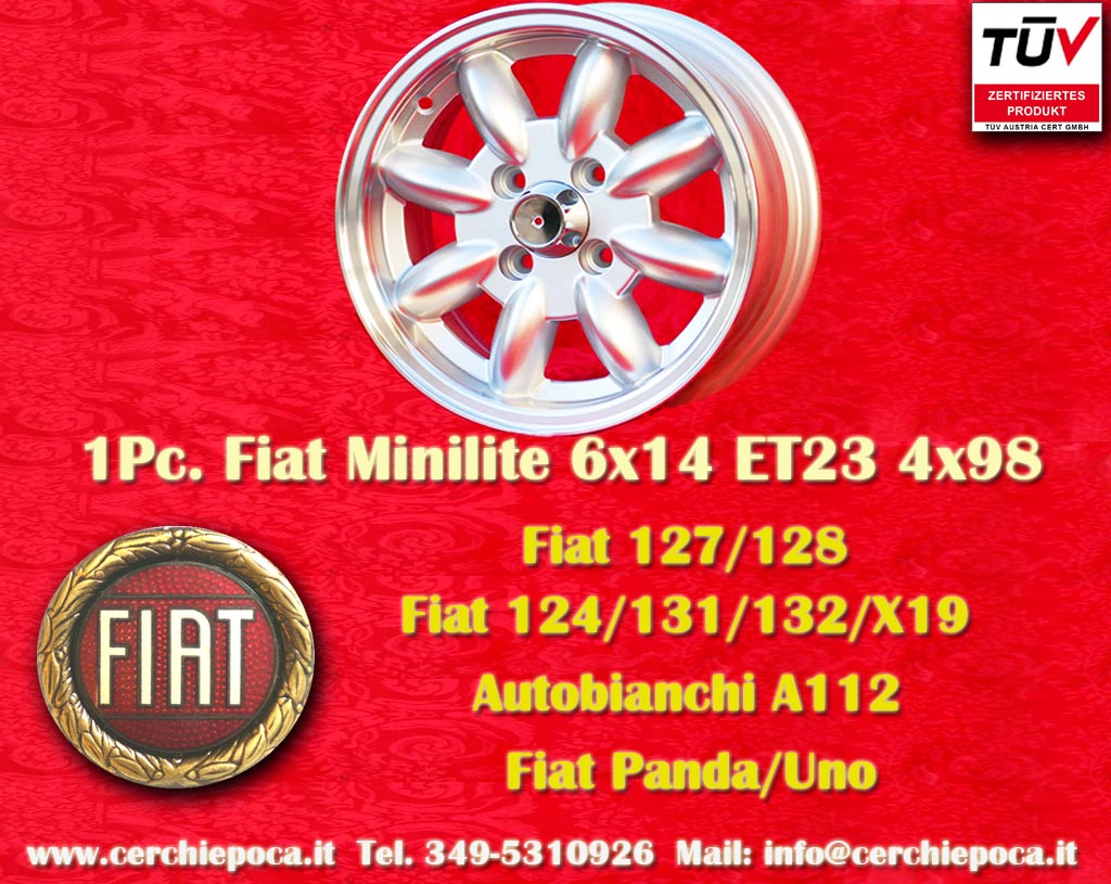 Fiat Minilite Fiat Seicento Cinquecento Panda 124, 125, 127 128 131 132 X1/9 Spider  6x14 ET23 4x98 c/b 58.6 mm Wheel