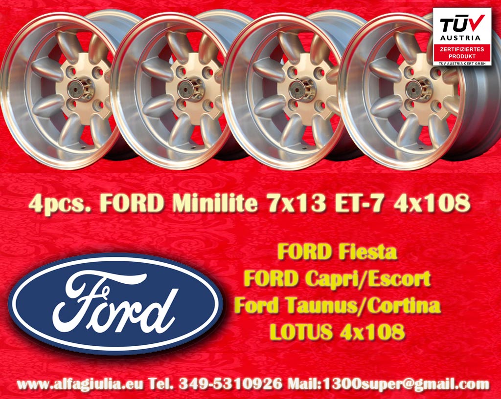 Ford Minilite Capri Taunus Escort Cortina Lotus Talbot  7x13 ET-7 4x108 c/b 63.4 mm Wheel