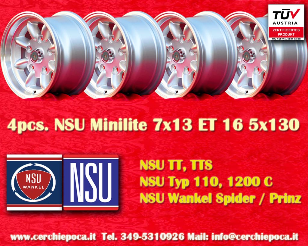 NSU Minilite NSU Prinz 1000 1200 600 Spider TT TTS  7x13 ET15 5x130 c/b 90.1 mm Wheel