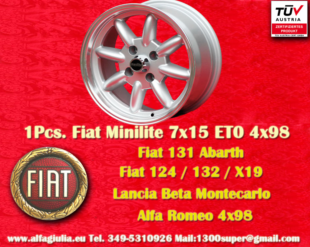 Fiat Minilite Fiat 124 125 131 132 X1/9  7x15 ET0 4x98 c/b 58.6 mm Wheel