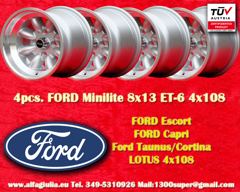 Ford Minilite Capri Taunus Escort Cortina Lotus Talbot  8x13 ET-6 4x108 c/b 63.4 mm Wheel