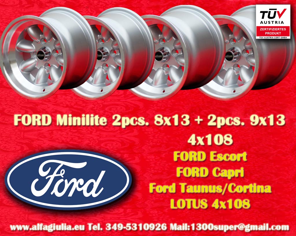 Ford Minilite Capri Taunus Escort Cortina Lotus Talbot  8x13 ET-6 4x108 c/b 63.4 mm Wheel