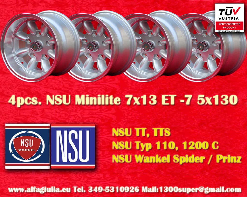 NSU Minilite NSU Prinz 1000 1200 600 Spider TT TTS  7x13 ET-7 5x130 c/b 90.1 mm Wheel