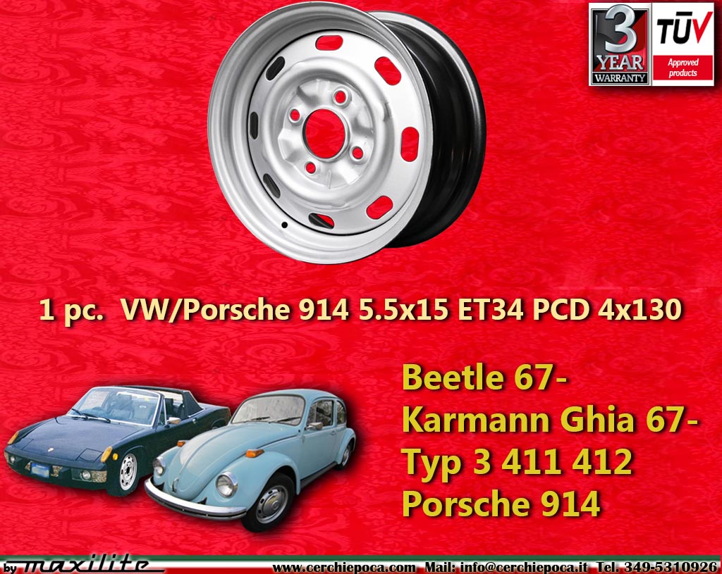 Volkswagen Steel VW Beetle 67- Karmann Ghia 67- Typ 3 411 412 Porsche 914   5.5x15 ET34 4x130 c/b 78.8 mm Wheel